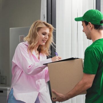 A Woman Signs For A Package Home Delivery By A Courier
