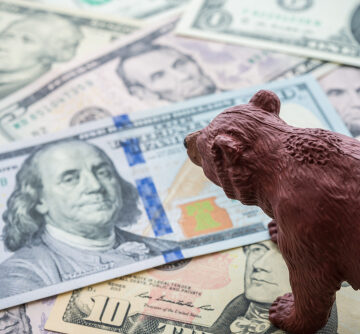 Toy Bear Walking On U.S. Dollar Banknotes