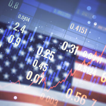 Abstract Digital Image Of Financial Graph, Stock Quotes, And U.S. Flag