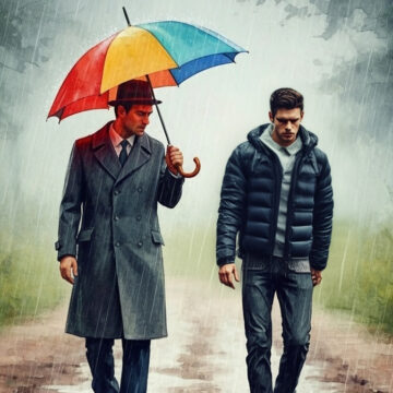 Illustration Of Two Men Walking In The Rain–One, Dry Under An Umbrella And One, Wet, With No Umbrella