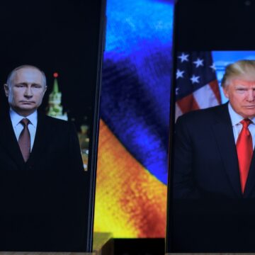 Screen Image Of Russian President Vladimir Putin And U.S. President Donald Trump