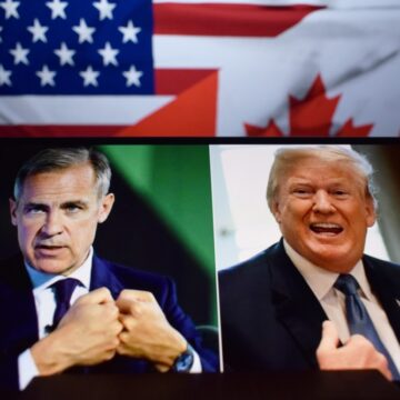 U.S. President Donald Trump And Canadian Prime Minister Mark Carney On A Split Screen With Their Respective Flags