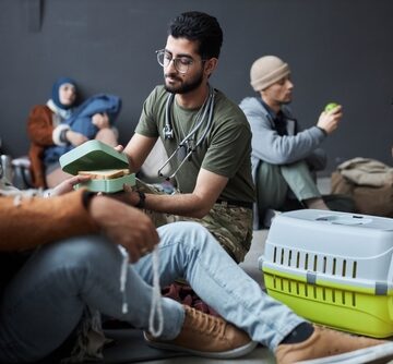 Medical Personnel In Fatigues Giving Aid To Refugees