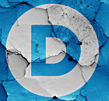A Stylized Letter "D" In A Circle, Painted On A Cracked, Blue Background