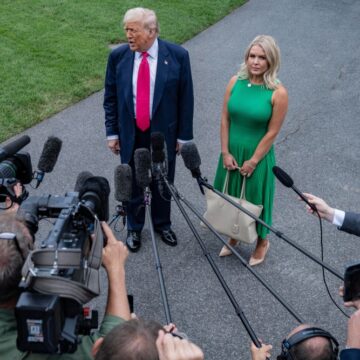 President Donald Trump And White House Press Secretary Karoline Leavitt Speak To Reporters As They Depart The White House