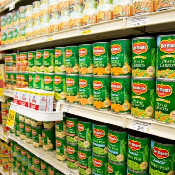 Grocery Store Shelves Filled With Del Monte Canned Goods In Los Angeles, California