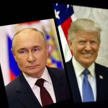 Portraits Of Russian President Vladimir Putin And U.S. President Donald Trump
