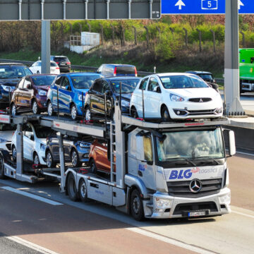A German Auto Transport Truck On The Road In Frankfurt, Germany