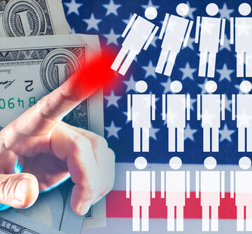 A Large Hand With Finger Pointing And Deleting Figures With The U.S. Flag And Currency In The Background