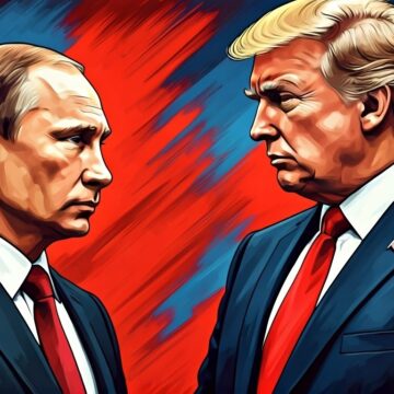 A Colorful Illustration Of Donald Trump And Vladimir Putin Facing Each Other