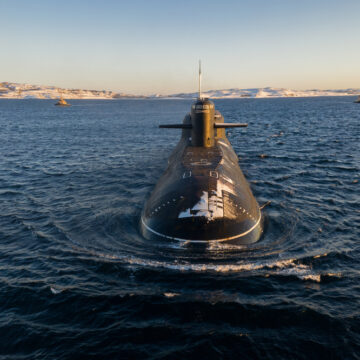 A Nuclear Powered Ballistic Missile Submarine In A Bay