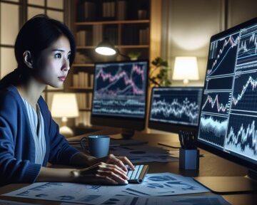 Asian Woman Sitting In Front Of Multiple Screens Of Various Stock Graphs