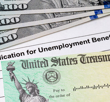 Collage Shows Unemployment Benefits Form, United States Treasury check, And One Hundred Dollar Bills