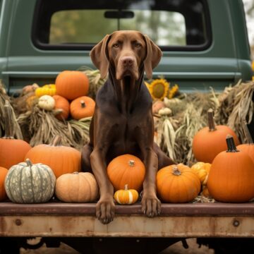 A Lonesome-Looking Chocolate Lab Sitting In The Back Of A Pickup Truck Amid Pumpkins And Gourds