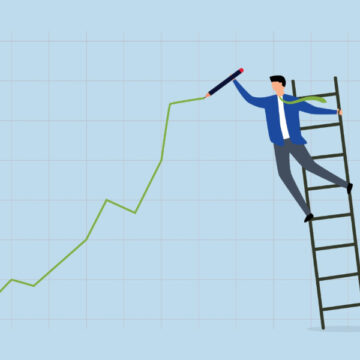 Illustration Shows A Man On A Ladder Drawing An Upward-Trending Line On A Graph
