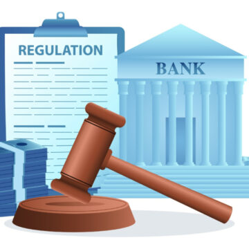 Illustration Of Bank Regulation Showing A Clipboard With "REGULATION", A Gavel, A Bank Building, And A Stack Of Currency