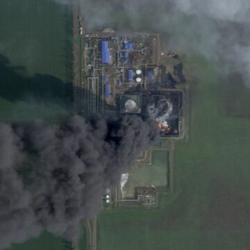 Following A Ukrainian Drone Attack, A Satellite Image Shows Smoke Rising From The Kavkazskaya Depot In The Krasnodar Region, Russia