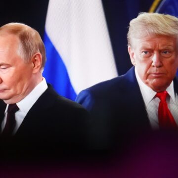 Composed Image Of Russian President Vladimir Putin And U.S. President Donald Trump With Their Countries' Flags in The Background
