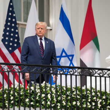 President Donald Trump On The White House Balcony During The 2020 Signing Ceremony Of The Abraham Accords In Washington, DC