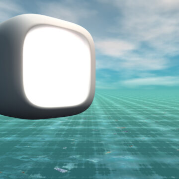 A Digital Image Of A Modern Television Floating Over a Grid-Like Pattern With A Cloudy, Blue Sky In The Background