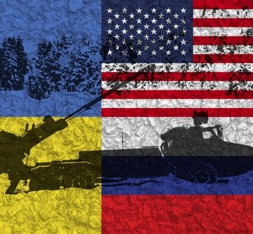 Concept Image Shows The Flags of Ukraine, The United States, And Russia Against A Rough Background, With Military Equipment Silhouettes In The Foreground
