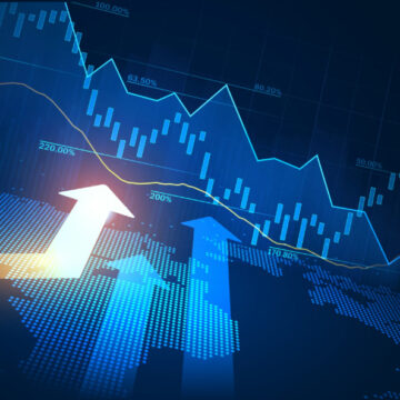 Concept Digital Image Combines Line And Data Graphs With Large Upward-Pointing Arrows And A World Map In The Foreground