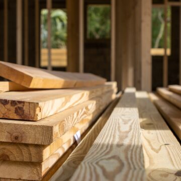 A Pile Of Lumber Planks Stacked At A Construction Site