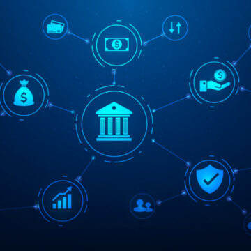 Concept Illustration An Icon Of A Bank Building Connected To Various Icons That Symbolize Different Aspects Of Financial Services And Technology Including Money Transfers, Savings, Investments, Security, And Loans