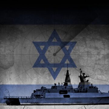 Concept Illustration Of An Israeli Navy Warship With The Flag Of Israel In The Background