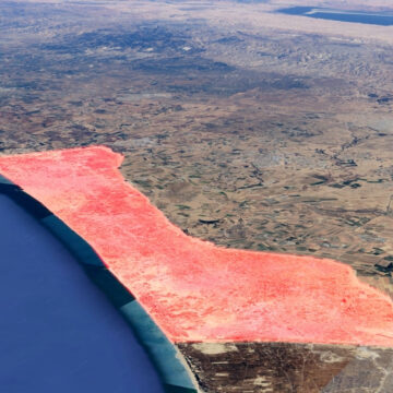 Satellite View Of The Gaza Strip, Highlighted In Red