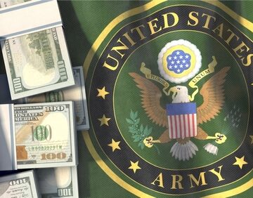 Image Shows The Official Seal Of The United States Army Alongside Stacks Of One Hundred Dollar Bills