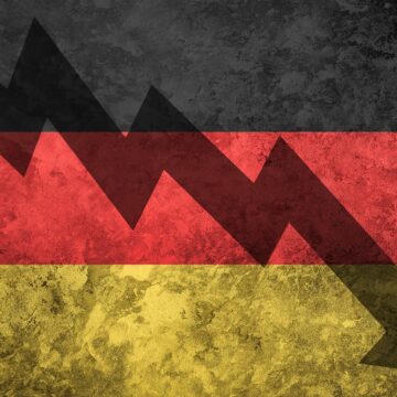 Painterly Image Of Germany's Flag Colors (Black, Red, And Gold) With A Downward Black Arrow