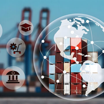 Concept Illustration Of Global Trade And Supply Chains With A Globe And Stacks of Shipping Containers Plus Icons Representing International Reach, Logistics, Business Functions, And Economic Growth