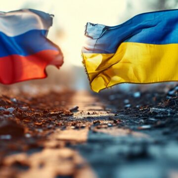 Artistic Concept Of The Russia/Ukraine Conflict Featuring Both Countries' Flags On A Rough, Barren Ground