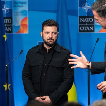 A Moment During A Press Conference At The NATO Summit In Vilnius, Lithuania, In July 2023, Featuring Ukrainian President Volodymyr Zelenskyy And Then-Dutch Prime Minister Mark Rutte