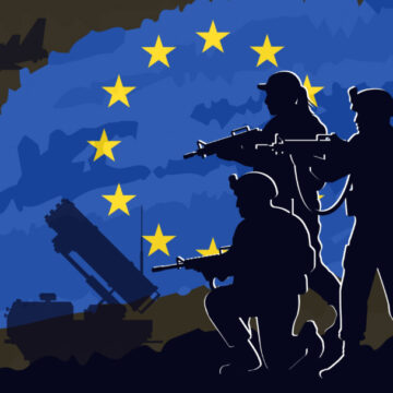 A Concept Illustration Of Soldier Silhouettes In Front Of The EU Flag, A Map, And A Battleground