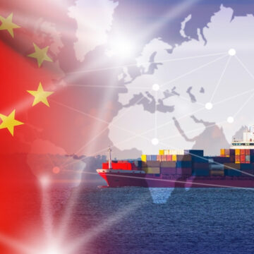 Concept Illustration Of Global Shipping With The Chinese Flag And World Map In The Background And A Container Ship On The Ocean In The Foreground Concept Illustration Of Global Shipping With The Chinese Flag And World Map In The Background And A Container Ship On The Ocean In The Foreground