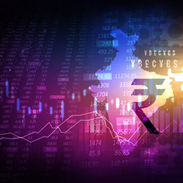 Concept Digital Image Featuring The Indian Rupee Symbol Superimposed Over A Map Of India, Along With Financial Graphs And Data