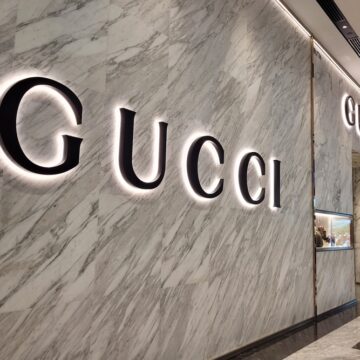 Exterior Signage Of A Gucci Luxury Store With Marble Walls And Flooring In Kuala Lumpur, Malaysia