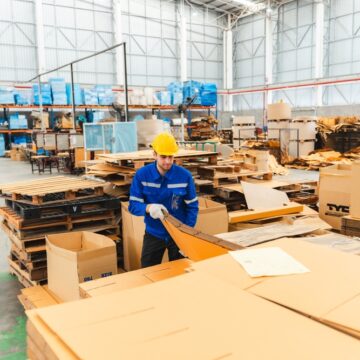 A Factory Worker Handling Corrugated Cardboard, Which Is Widely Used In Industrial Packaging And Shipping A Factory Worker Handling Corrugated Cardboard, Which Is Widely Used In Industrial Packaging And Shipping