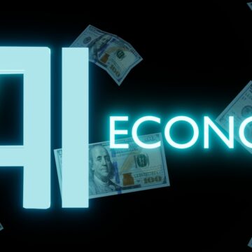 3D Rendering Of The Words "AI" And "ECONOMY" In Large, Glowing Text, Set Against A Black Background With Several Scattered Hundred-dollar Bills