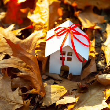 A Small White Paper House With A Red Ribbon On Its Roof, Nestled Among Autumn Leaves