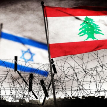 Concept Illustration Depicting Conflict And Border Tensions Between Israel And Lebanon, Symbolized By Their Respective Flags Separated By Barbed Wire Fences Concept Illustration Depicting Conflict And Border Tensions Between Israel And Lebanon, Symbolized By Their Respective Flags Separated By Barbed Wire Fences