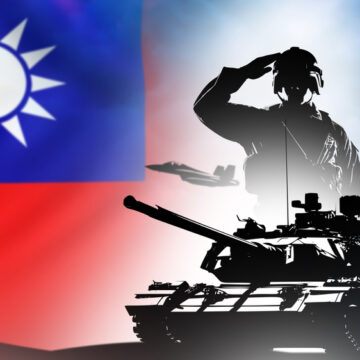 Conceptual Illustration Featuring The Flag Of Taiwan And Silhouettes Of A Soldier, Military Tank, And Fighter Jet