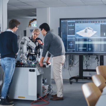 Engineering Students Collaborating On A Project Involving A Mechanical Or Robotic Arm In A Laboratory Or Classroom Setting