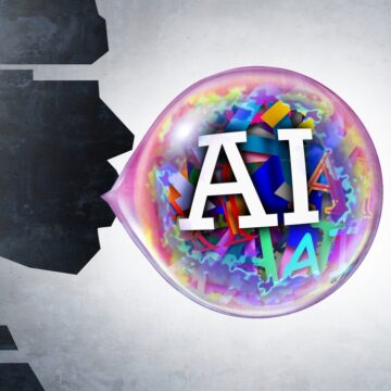 Concept Illustration Of The "AI Bubble," Showing A Robotic Figure Blowing A Bubble Containing The Letters "AI" And Various Jumbled Symbols