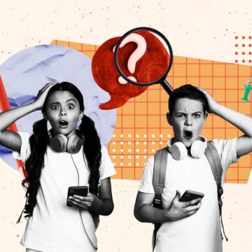 Artistic Illustration Of Two Children With Smartphones, Looking Confused, With A Magnifying Glass Over A Question Mark