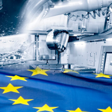 Concept Collage Representing The European Union's Industrial Strategy Showing Industrial Machinery With The European Union Flag