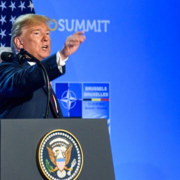 Photo Of U.S. President Donald Trump Speaking At A Press Conference During The 2018 NATO Summit In Brussels, Belgium