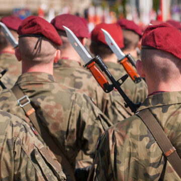 Soldiers From The Polish Armed Forces, Wearing The Distinct Maroon (red) Berets Which Are A Hallmark Of Polish Airborne And Air Cavalry Units, During A Military Ceremony In Bielsko-biala, Poland